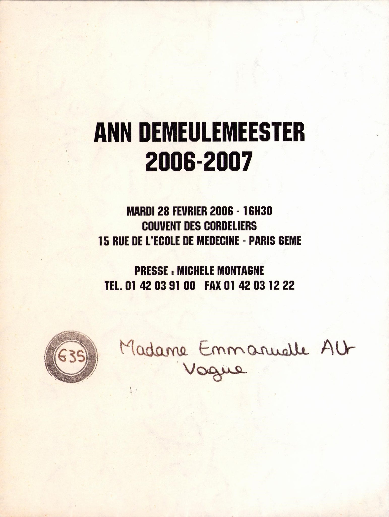 Ann Demeulemeester AW06-07 Invitation